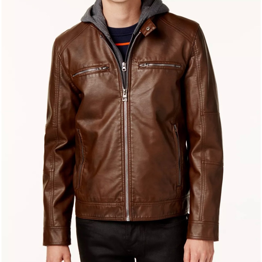 Men's Faux-Leather Detachable-Hood Motorcycle Jacket